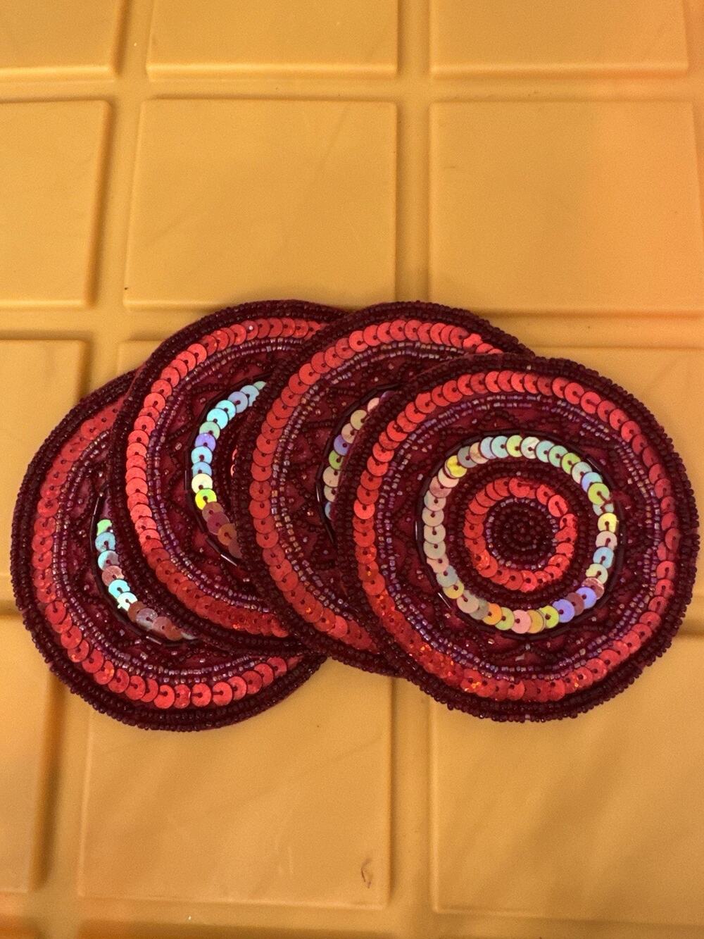 Lot of 4 Red Sequin Coasters Holiday Glam Round Holiday